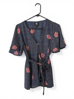 Bobeau Navy Wrap Top/Blouse with Pink Floral Accents